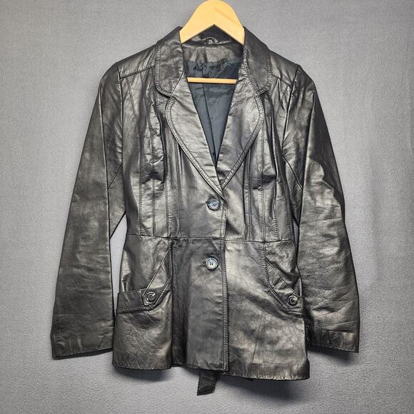 Vintage Opera Leather Blazer Jacket Women Black Belted Button Front Pockets - Picture 1 of 12